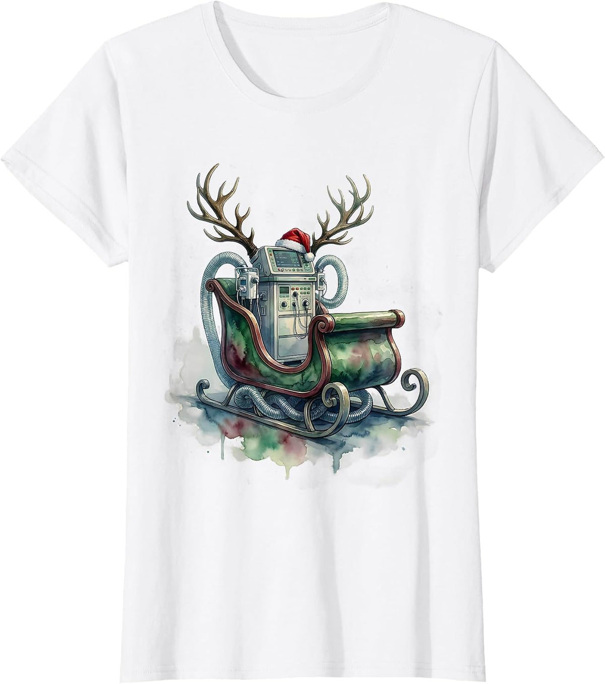 Women's Watercolor Ventilator Sleigh Christmas Respiratory Therapist T-Shirt - White