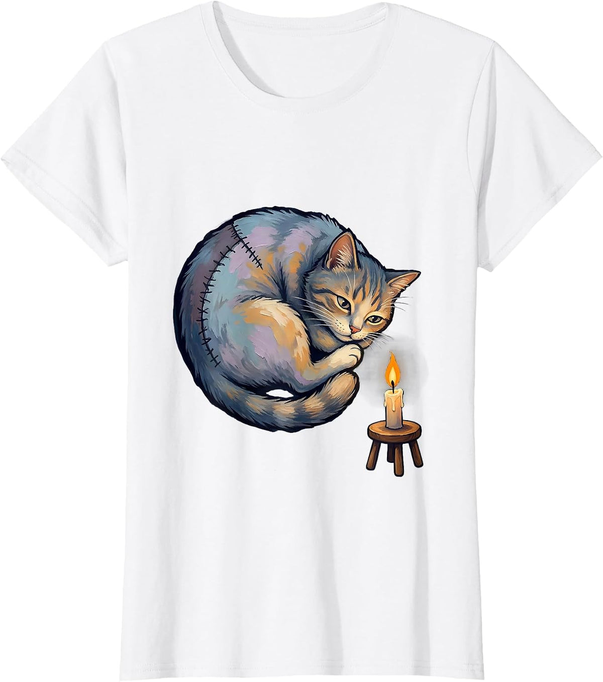 Women's Storybook Cat Pastel Goth Creepy-Cute Kawaii Cat Lover T-Shirt - White