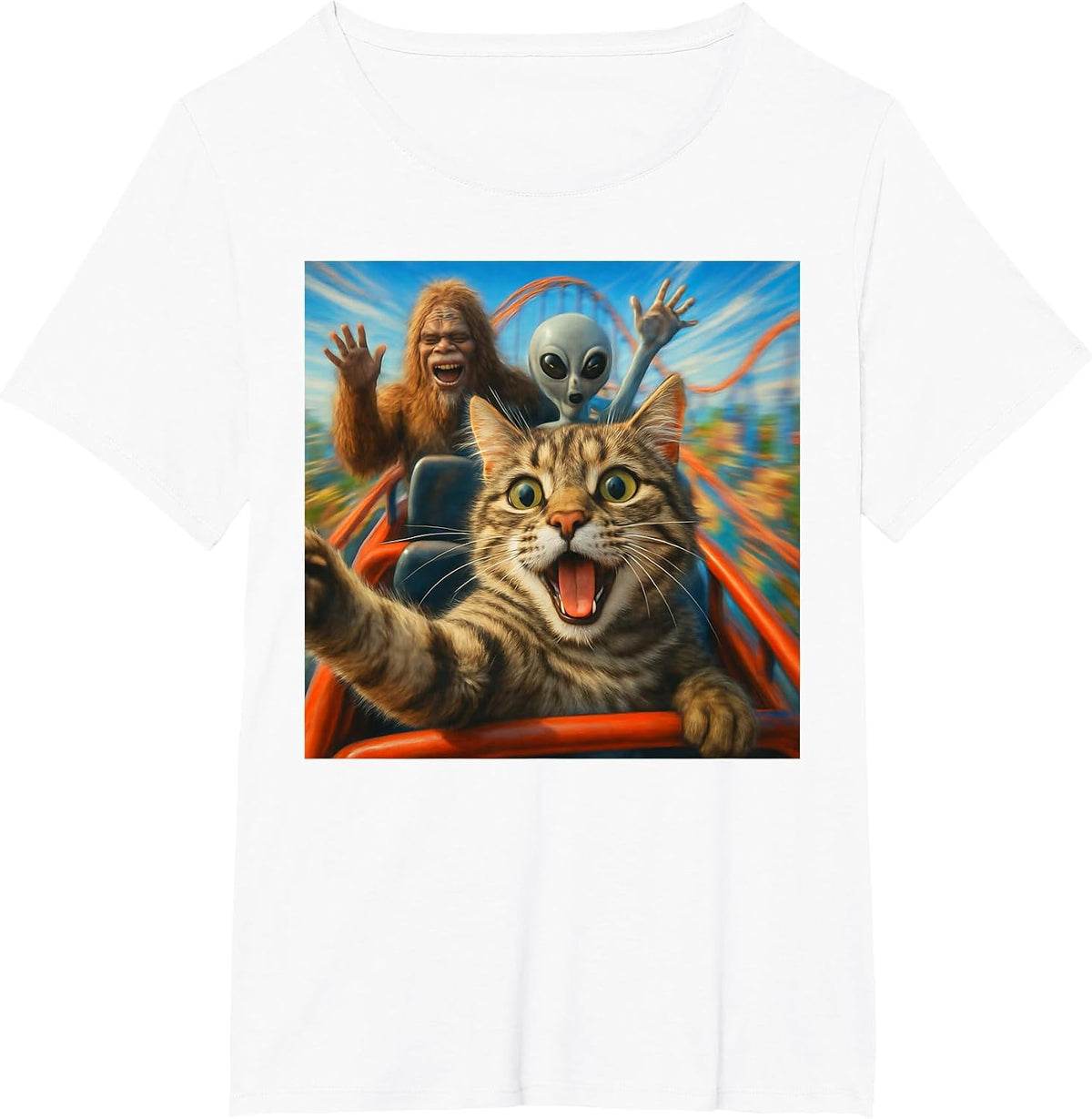 Funny Cat Selfie with Big Foot & Alien Roller Coaster Meme T-Shirt - White