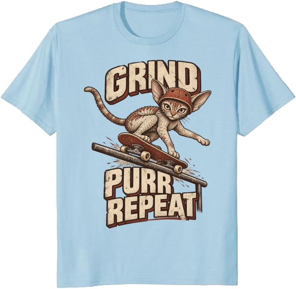Vintage Devon Rex Skater Graphic Tee Skateboarding Cat Lover T-Shirt - S4