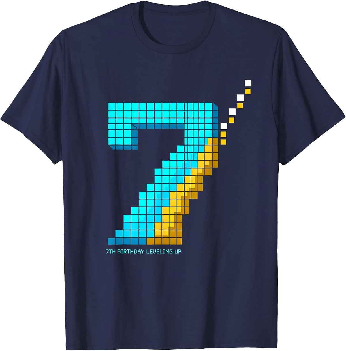 7th Birthday Leveling Up Pixel Art Gamer Birthday Gift T-Shirt - Navy Blue