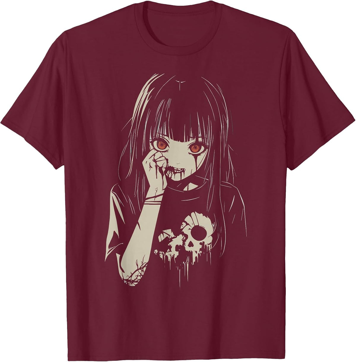 Anime Horror Girl Aesthetic Soft Grunge Waifu Japanese Girl T-Shirt - Burgundy