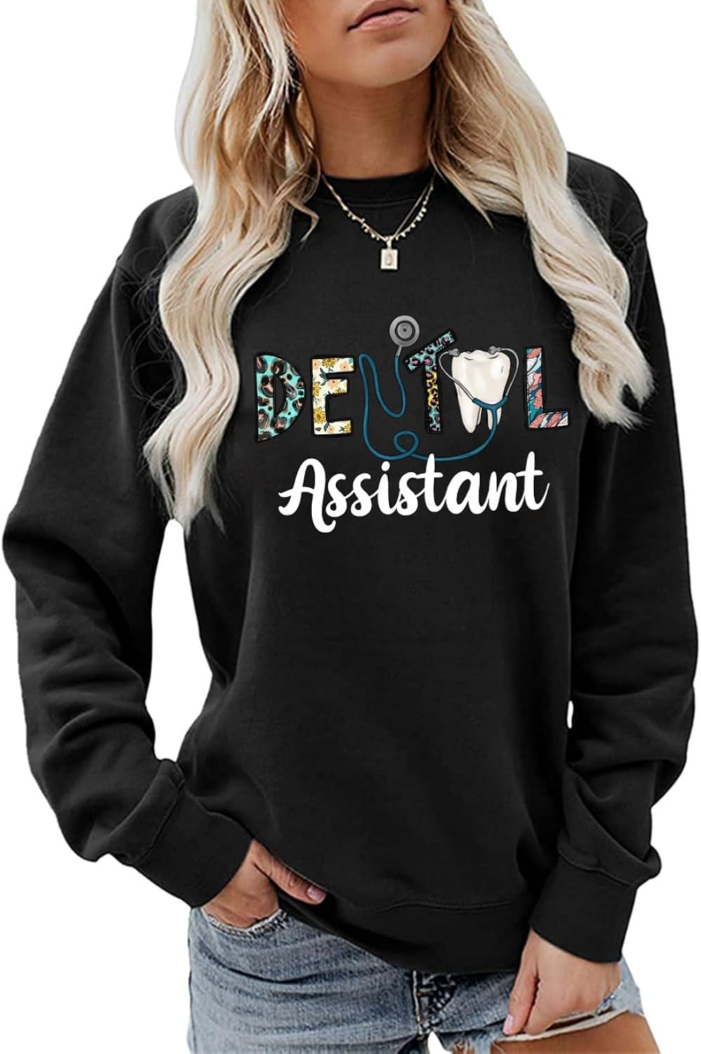 MEKOTSK Dental Assistant Sweatshirt Women Funny Graphic Shirts Long Sleeve Crewneck Fashion Pullover Tops Dentist Gifts -