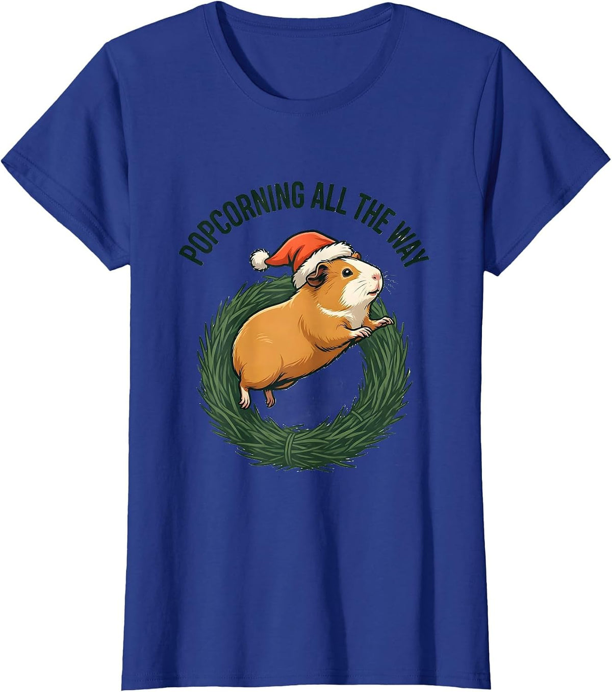 Women's Popcorning All The Way Funny Guinea Pig Christmas Santa Hat T-Shirt - Royal Blue