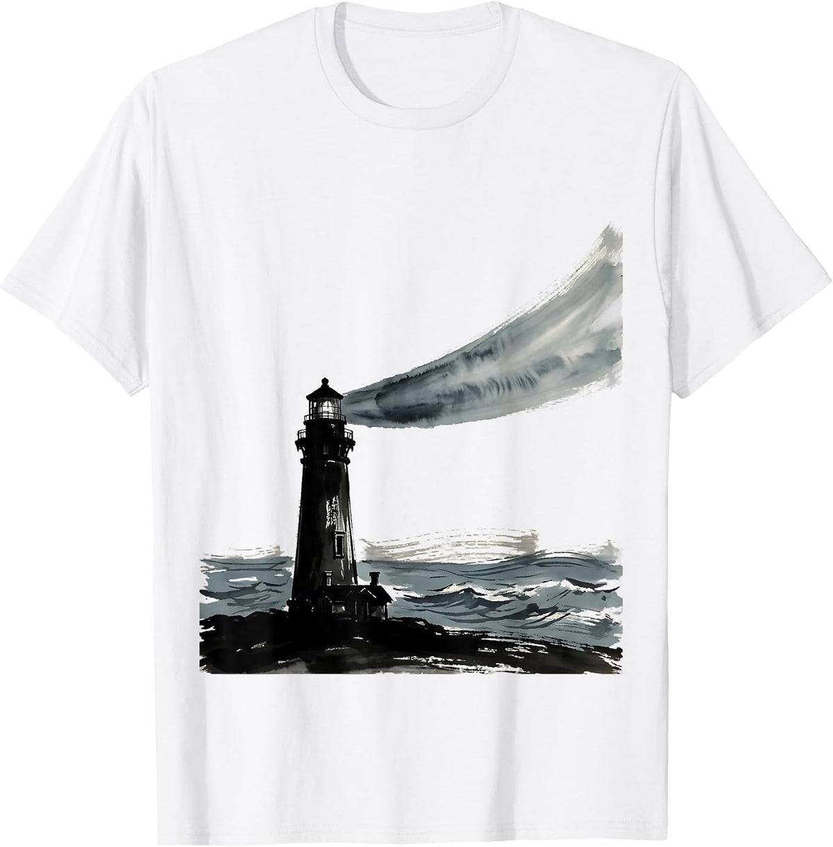 Men's Lighthouse Beam Stormy Sea Graphic T-Shirt - White
