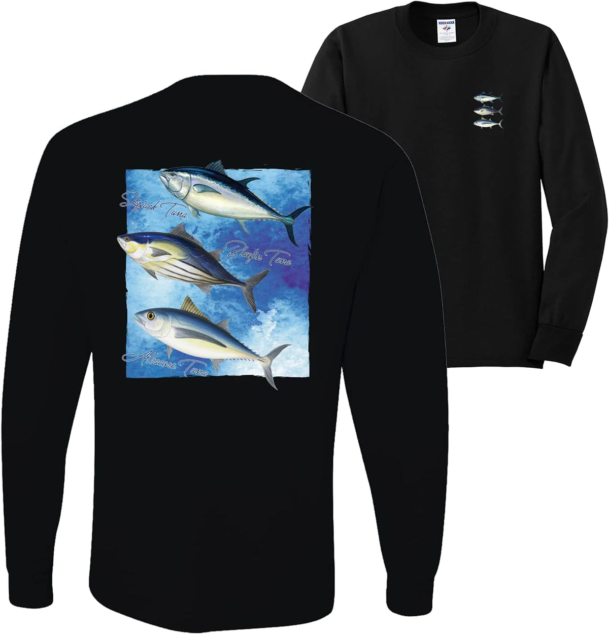 Cool Skipjack Bluefin Albacore Tuna Fish Trio Fishing Front and Back Mens Long Sleeve Shirt - Black