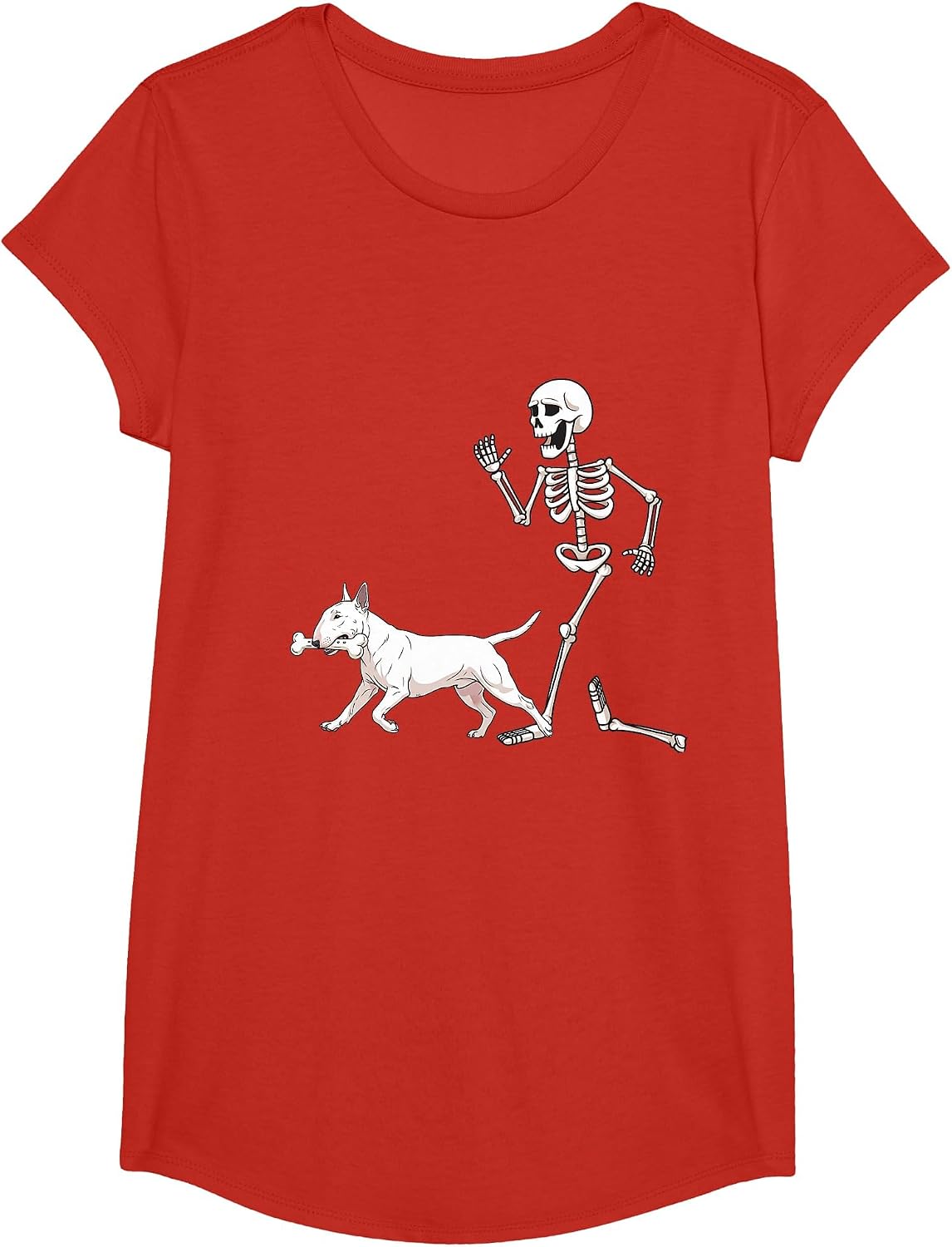 Funny Halloween Bull Terrier and Skeleton T-Shirt - Girls Red