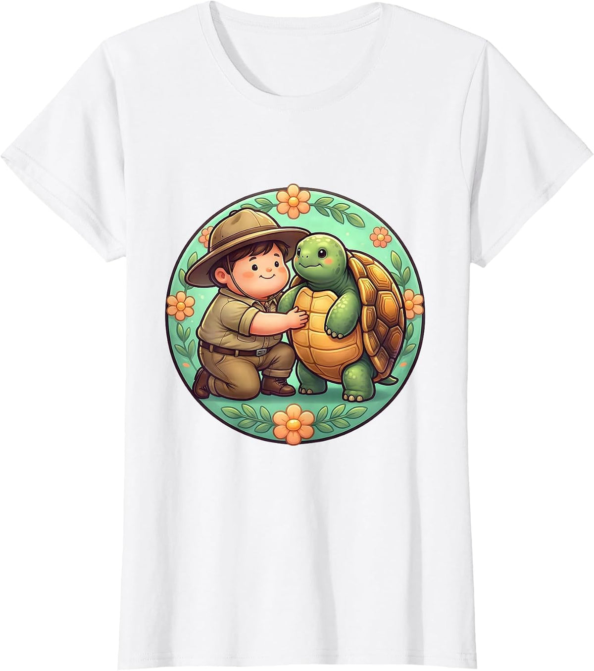Zoo Keeper Kneeling With Giant Tortoise Design T-Shirt - White