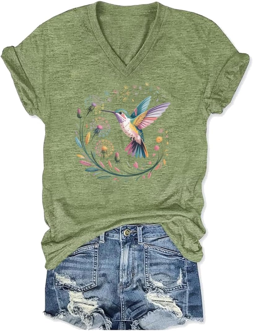 Womens Graphic T Shirt Floral Beach V Neck Tee Short Sleeve Casual Vacation Shirt Tropical Ocean Tops for Women - Green-3