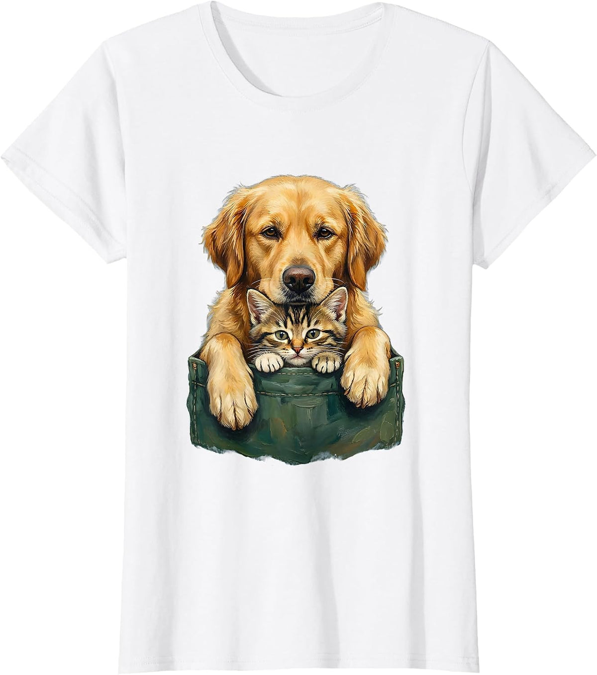 Women's Pet Pocket Peeking Cat And Dog Cute Playful Novelty T-Shirt - White