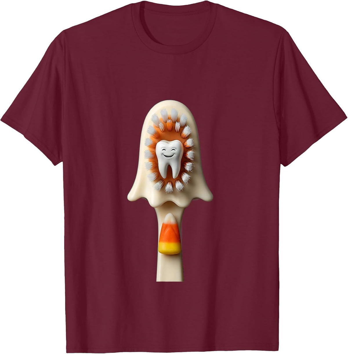 Friendly Ghost Toothbrush Halloween Dental Staff Humor T-Shirt - Burgundy