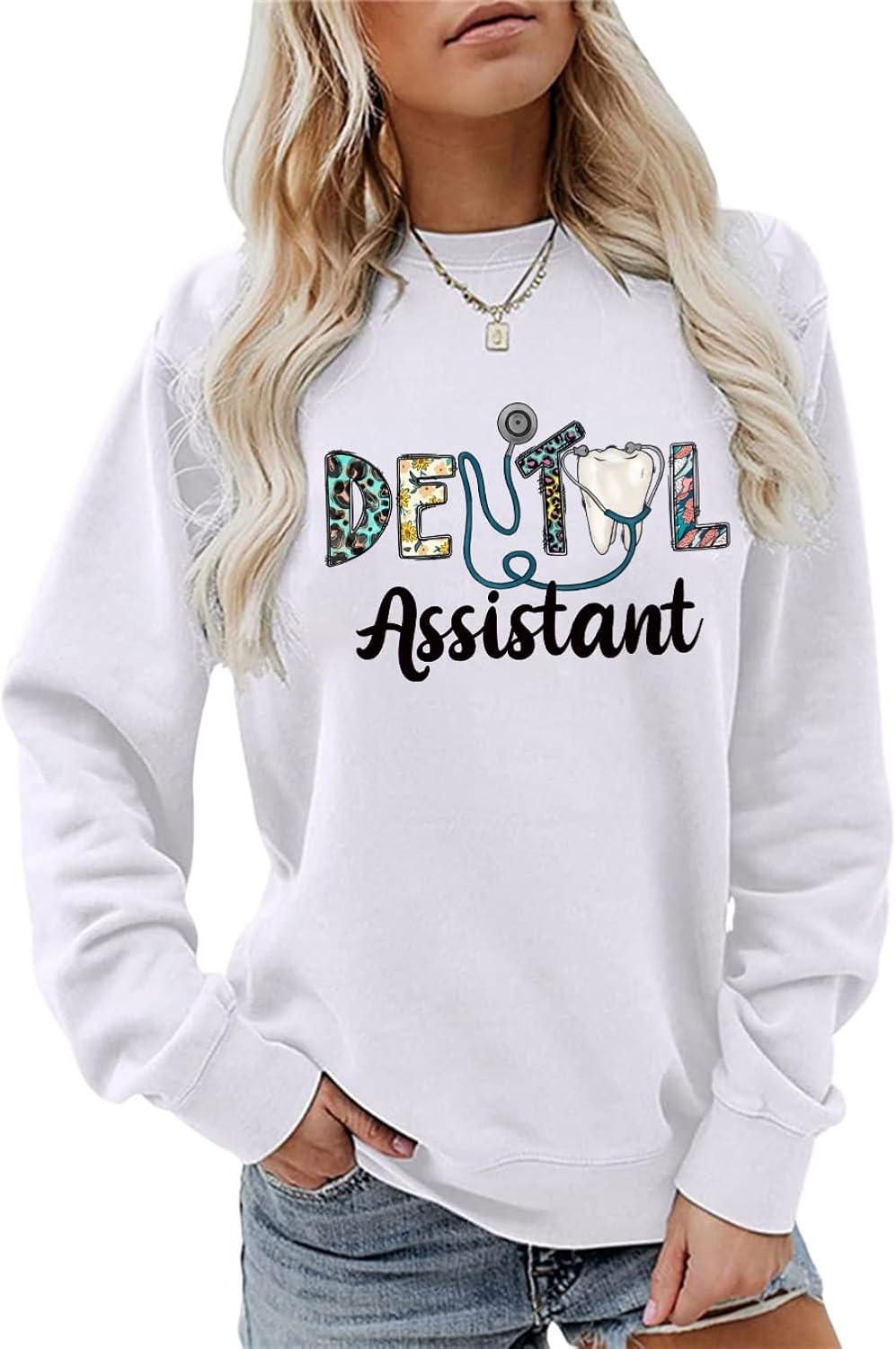 MEKOTSK Dental Assistant Sweatshirt Women Funny Graphic Shirts Long Sleeve Crewneck Fashion Pullover Tops Dentist Gifts -