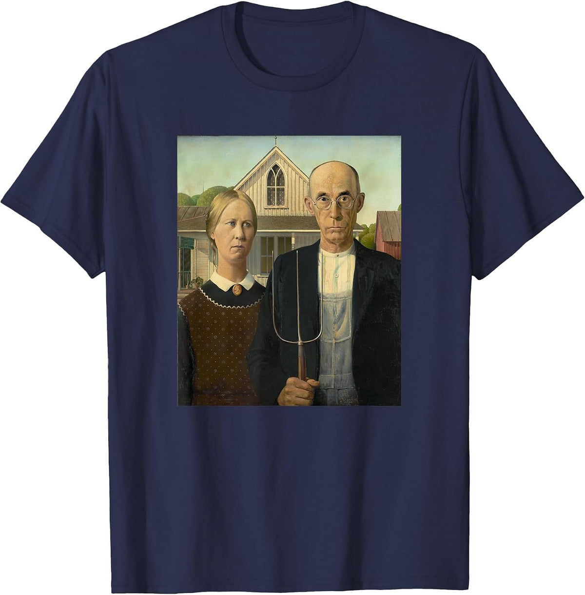 Grant Wood's American Gothic Fine Art Painting Farmers Farm T-Shirt - Navy Blue