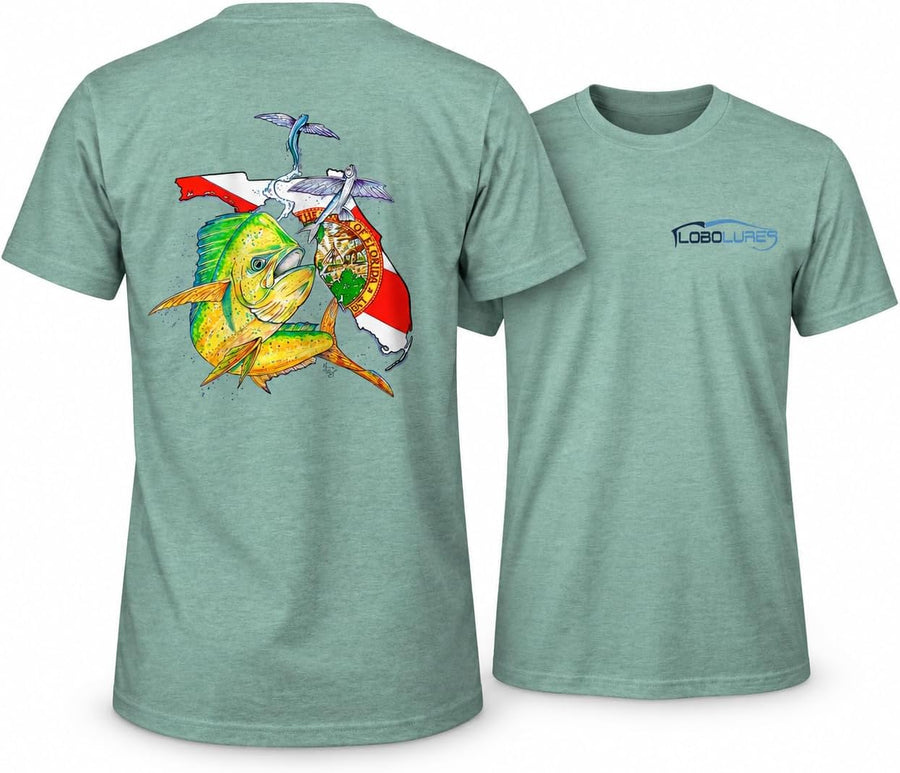 Lobo Lures Florida Mahi Fishing Triblend Graphic T-Shirt by Mark Ray - Dusty Sage
