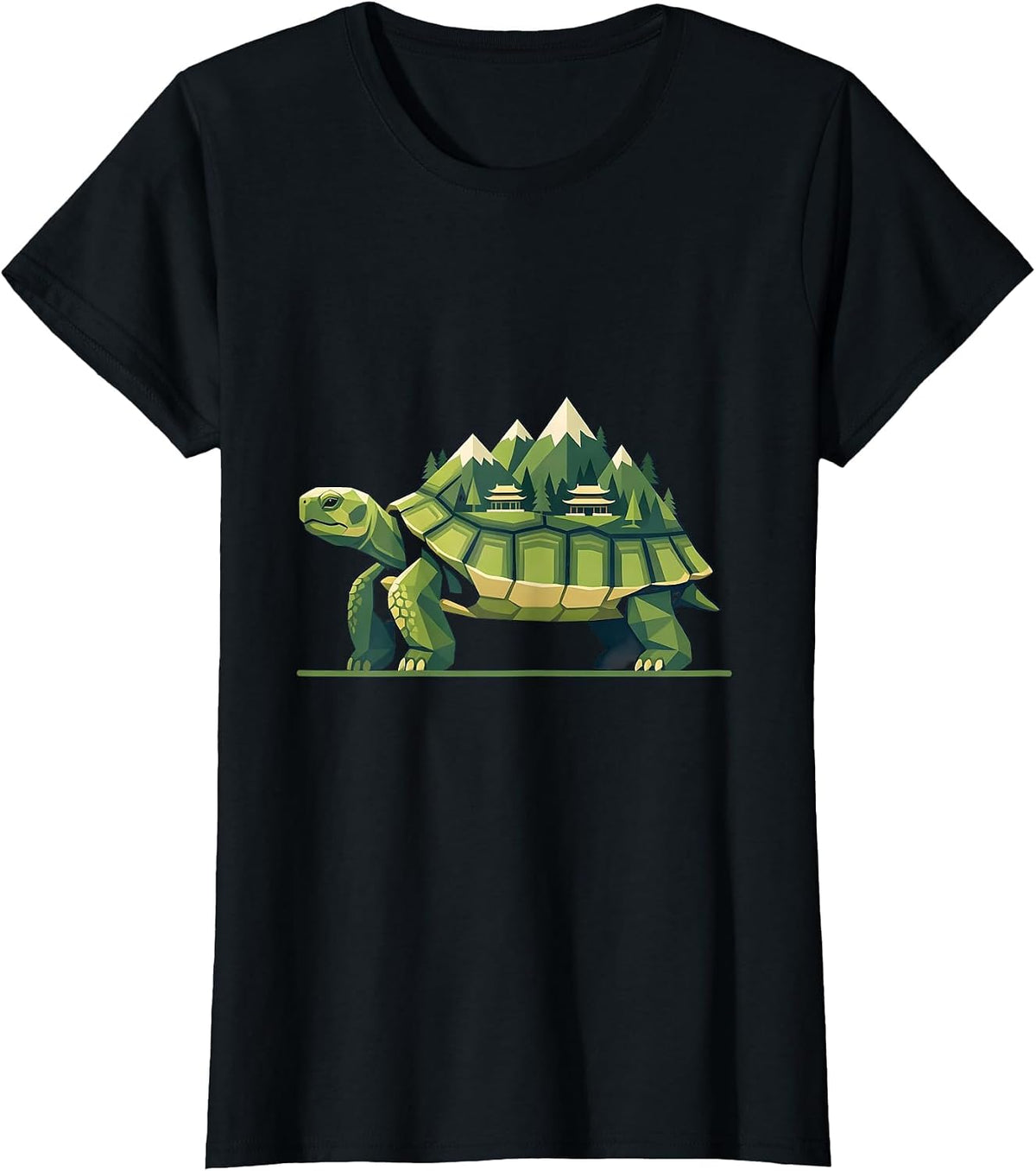 Tortoise Carrying a Miniature Village on Its Shell T-Shirt - Black