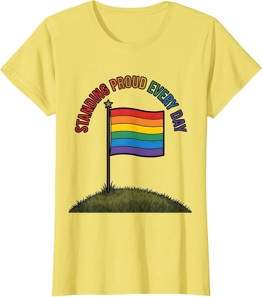Standing Proud Every Day Pride Flag Design T-Shirt - Lemon Yellow