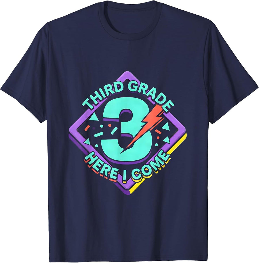 Third Grade Here I Come Retro Teacher Lightning Bolt T-Shirt - Navy Blue