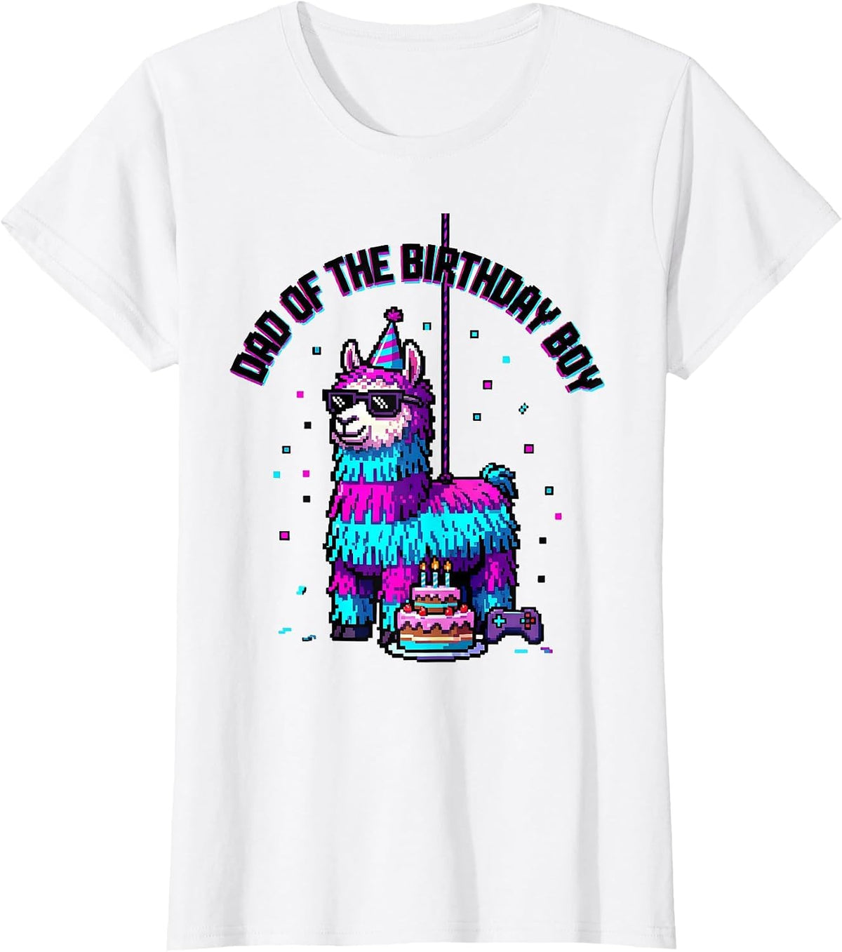 Women's Dad Of The Birthday Boy Pixel Art Llama Piñata Gamer Party T-Shirt - White