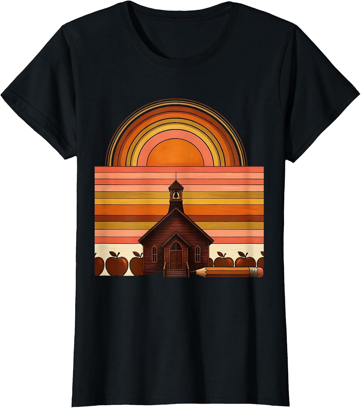3rd Grade Teacher Schoolhouse Sunrise Graphic T-Shirt - Black