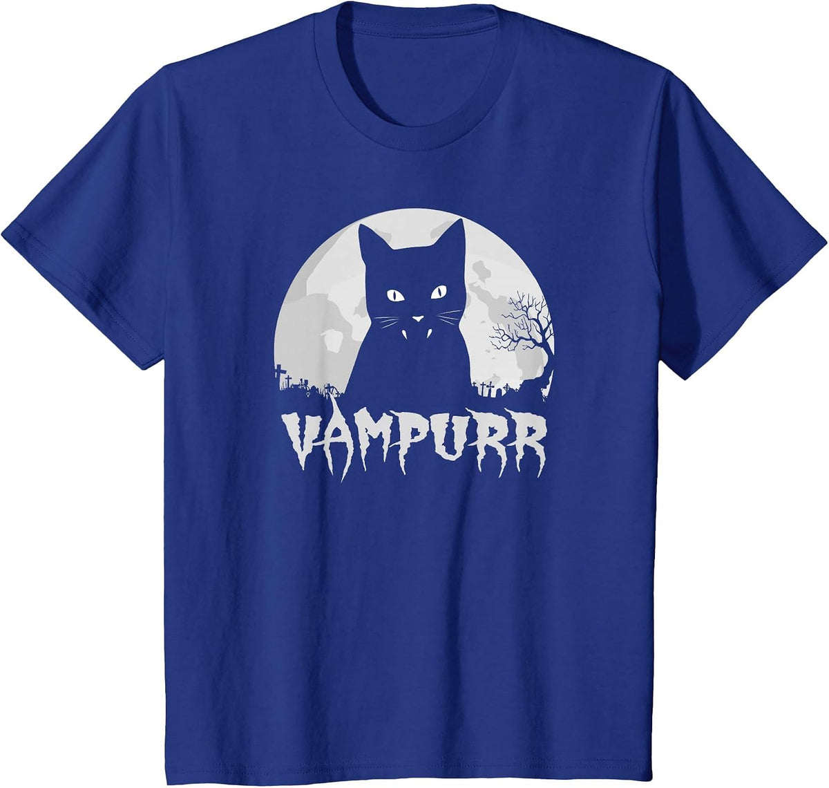 Halloween Black Cat Vampire with Full Moon - Vampurr Pun T-Shirt - Royal Blue