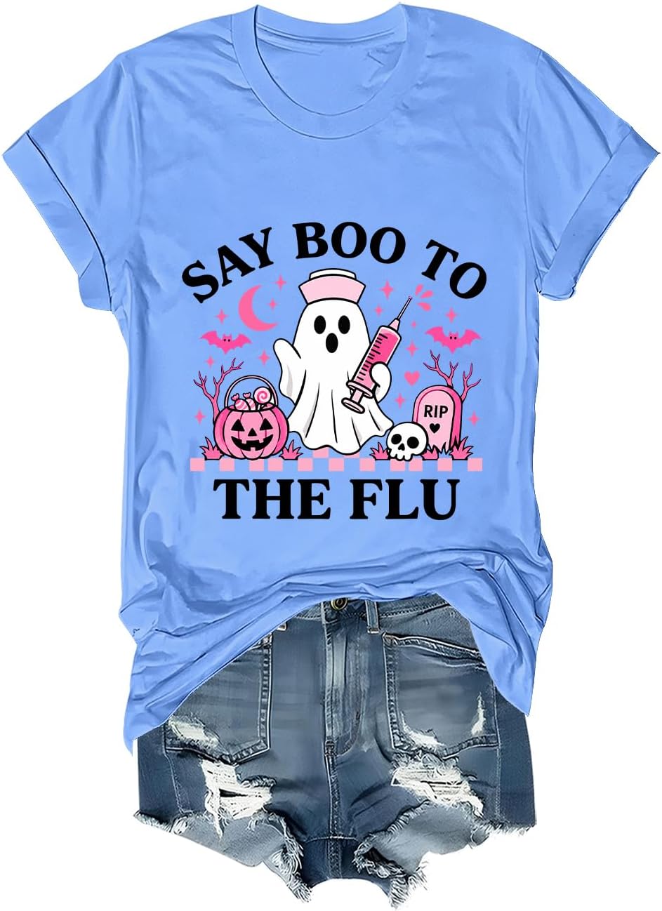 Say Boo to The Flu Shirt Funny Nurse Ghost Halloween T-Shirt Unisex - Sky Blue