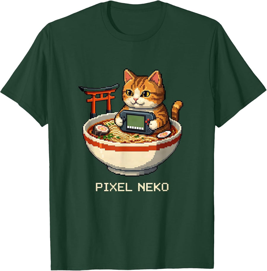 Men's Pixel Neko Funny Anime Cat Gaming Kawaii Japanese Art T-Shirt - Dark Green