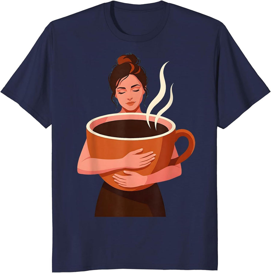Coffee Lover Oversized Cup Illustration T-Shirt - Navy Blue