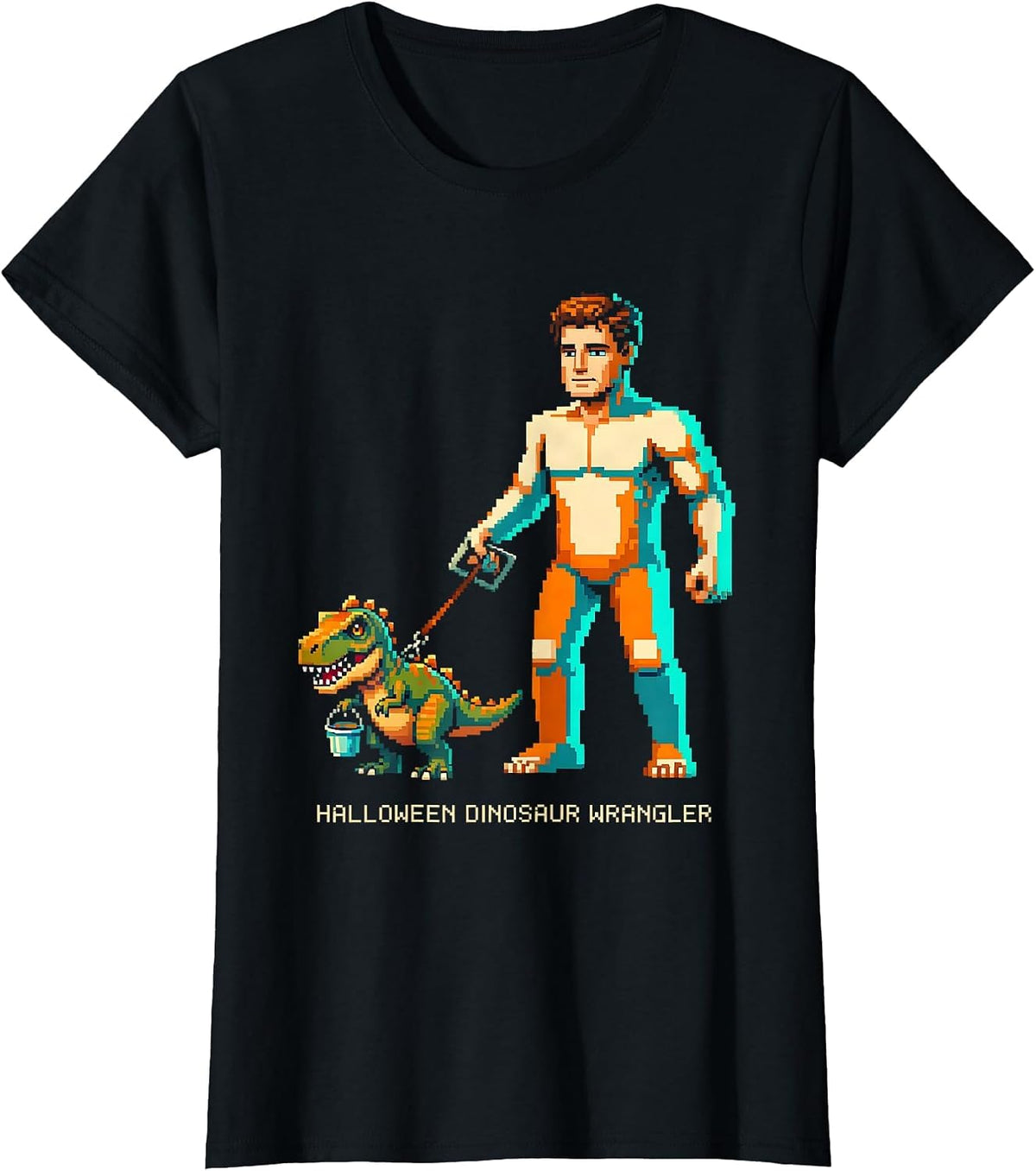 Women's Halloween Dinosaur Wrangler Funny Costume Pixel Art Family T-Shirt - Black