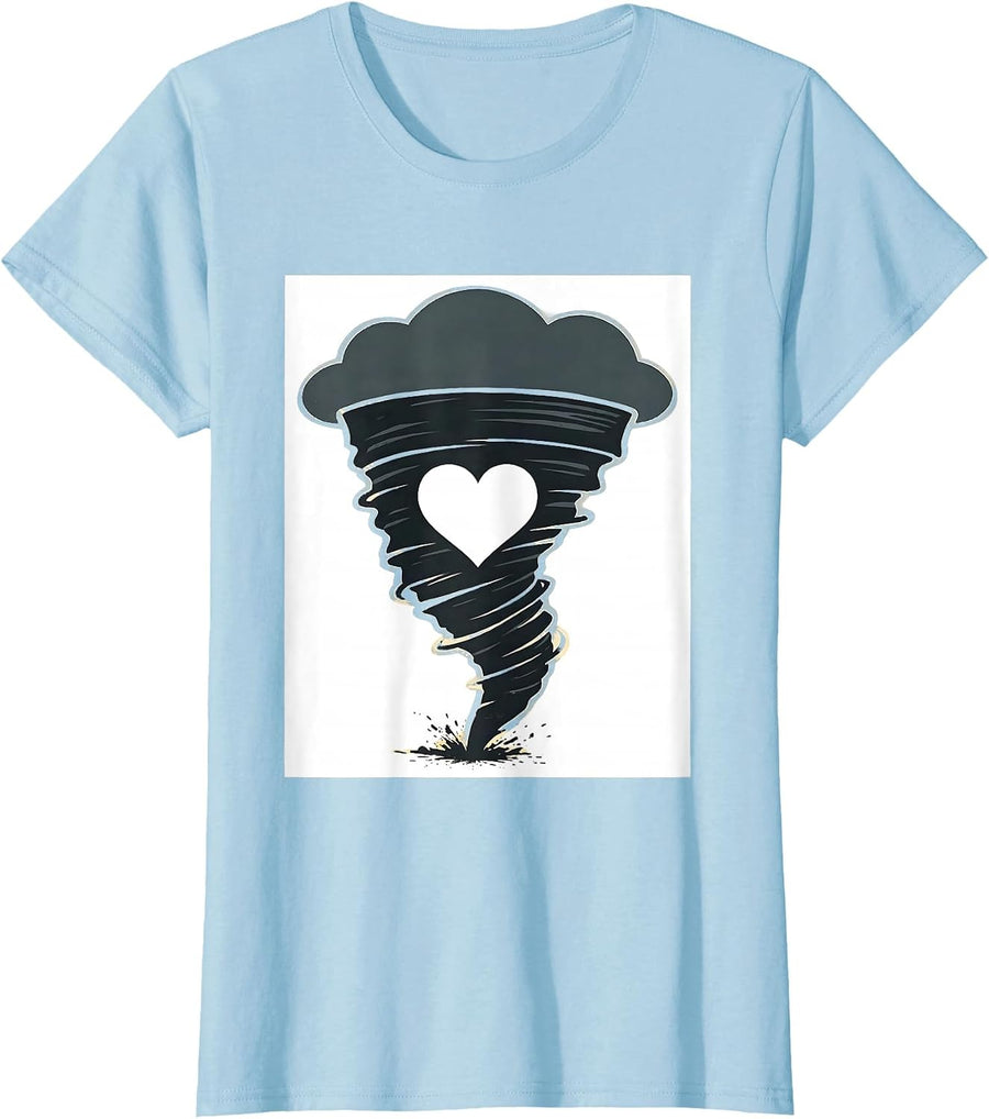 Women's Tornado Funnel Heart Screenprint Storm Chaser Meteorology T-Shirt - Baby Blue