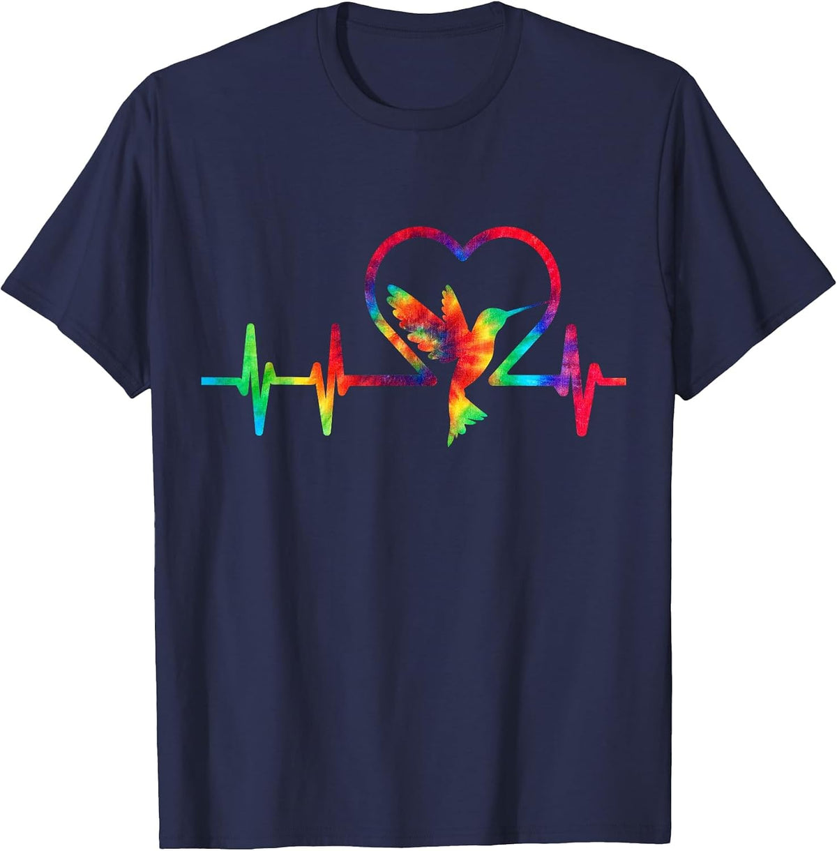 Hummingbird Lovers Tie Dye Heartbeat Colorful Heart Rainbow T-Shirt - Navy Blue