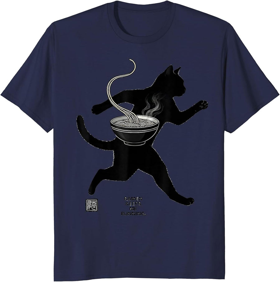 Ramen Keeps Me Running Funny Cat Japanese Anime Gamer Gift T-Shirt - Navy Blue