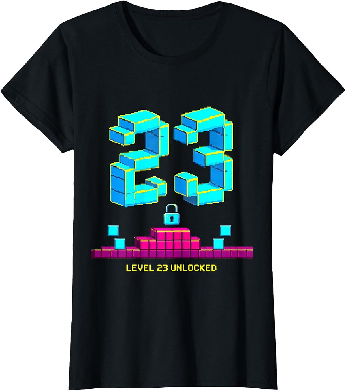 Level 23 Unlocked Pixel Art Gamer Birthday Milestone T-Shirt - Black