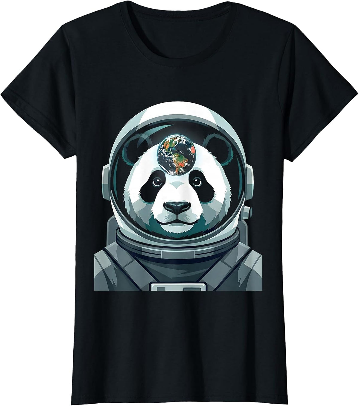 Panda Astronaut Helmet Earth Reflection Space Art T-Shirt - Black