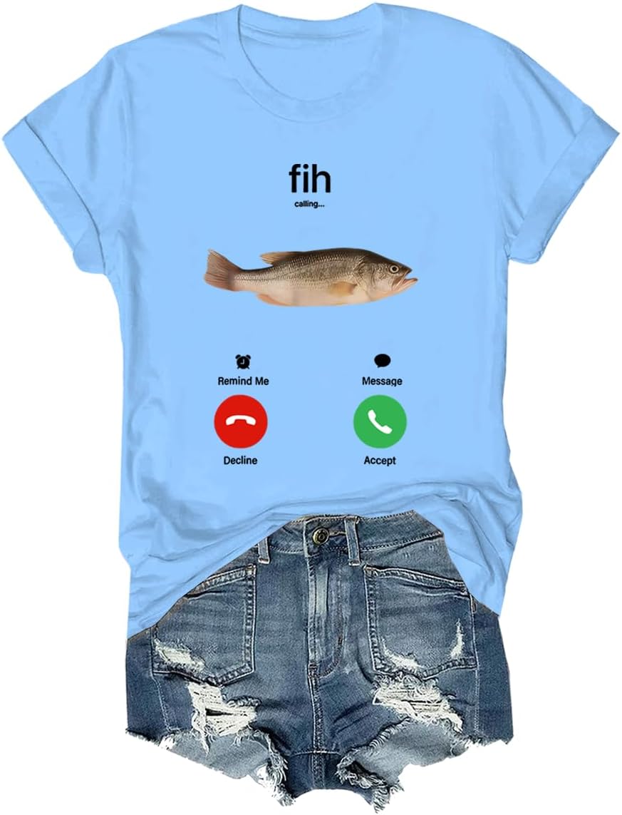 Fih Shirt V Neck Fih Calling Shirt Fish Incoming Call Meme T-Shirt - Crewneck Carolina Blue