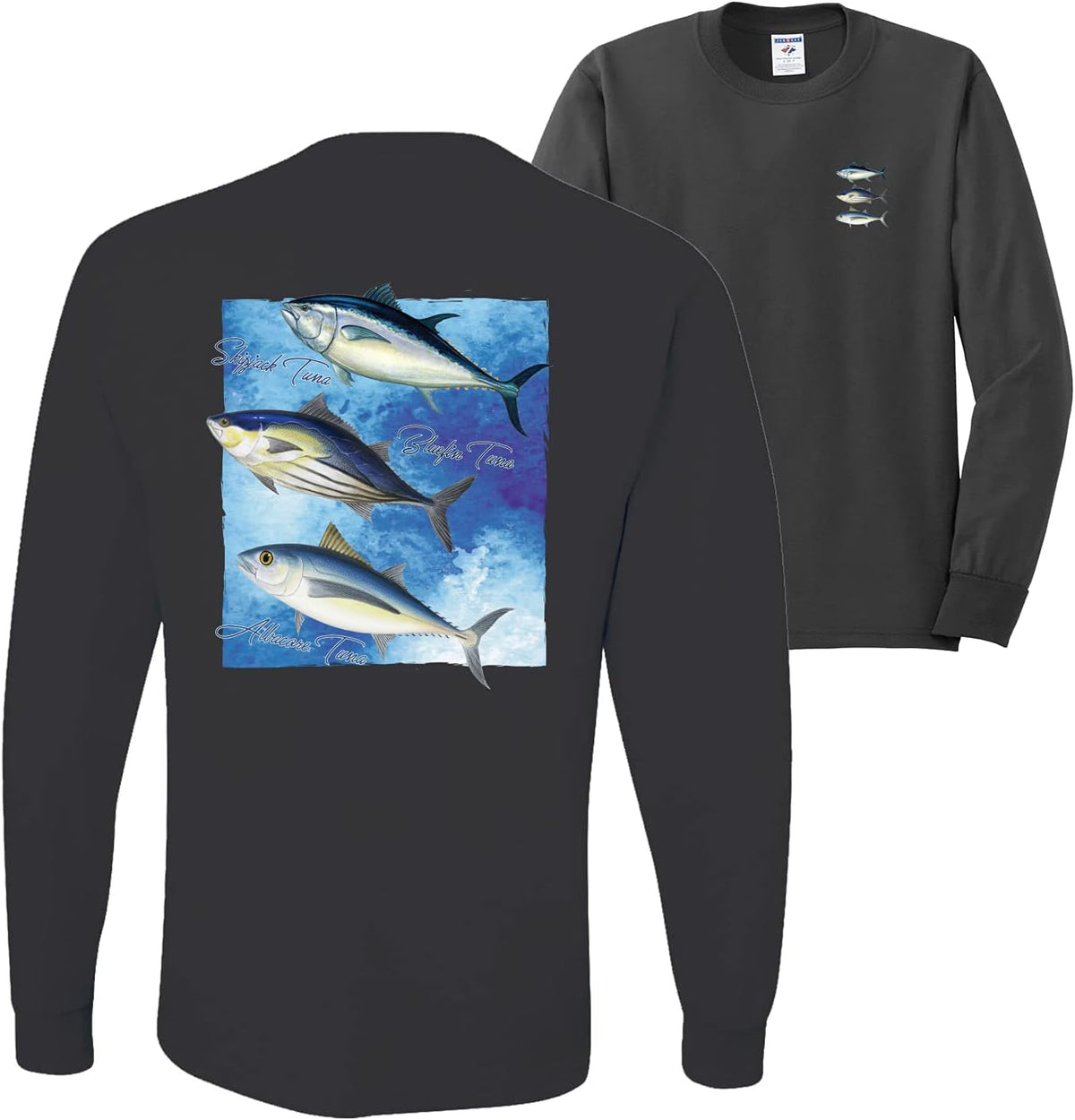 Cool Skipjack Bluefin Albacore Tuna Fish Trio Fishing Front and Back Mens Long Sleeve Shirt - Charcoal