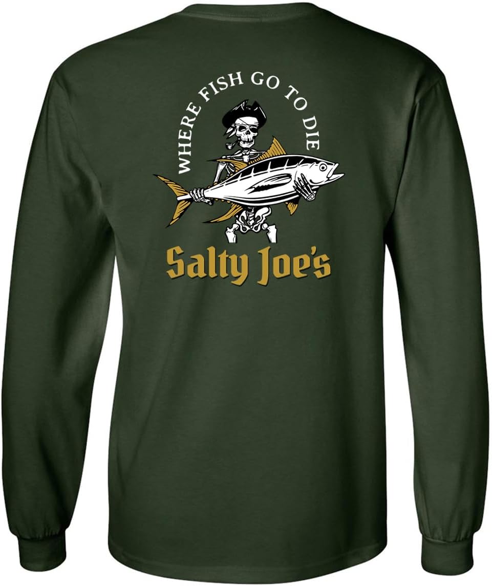 SALTY JOES Men's Ol' Angler Logo Cotton Long Sleeve Tee - Dark Green\/White Ol' Angler Logo