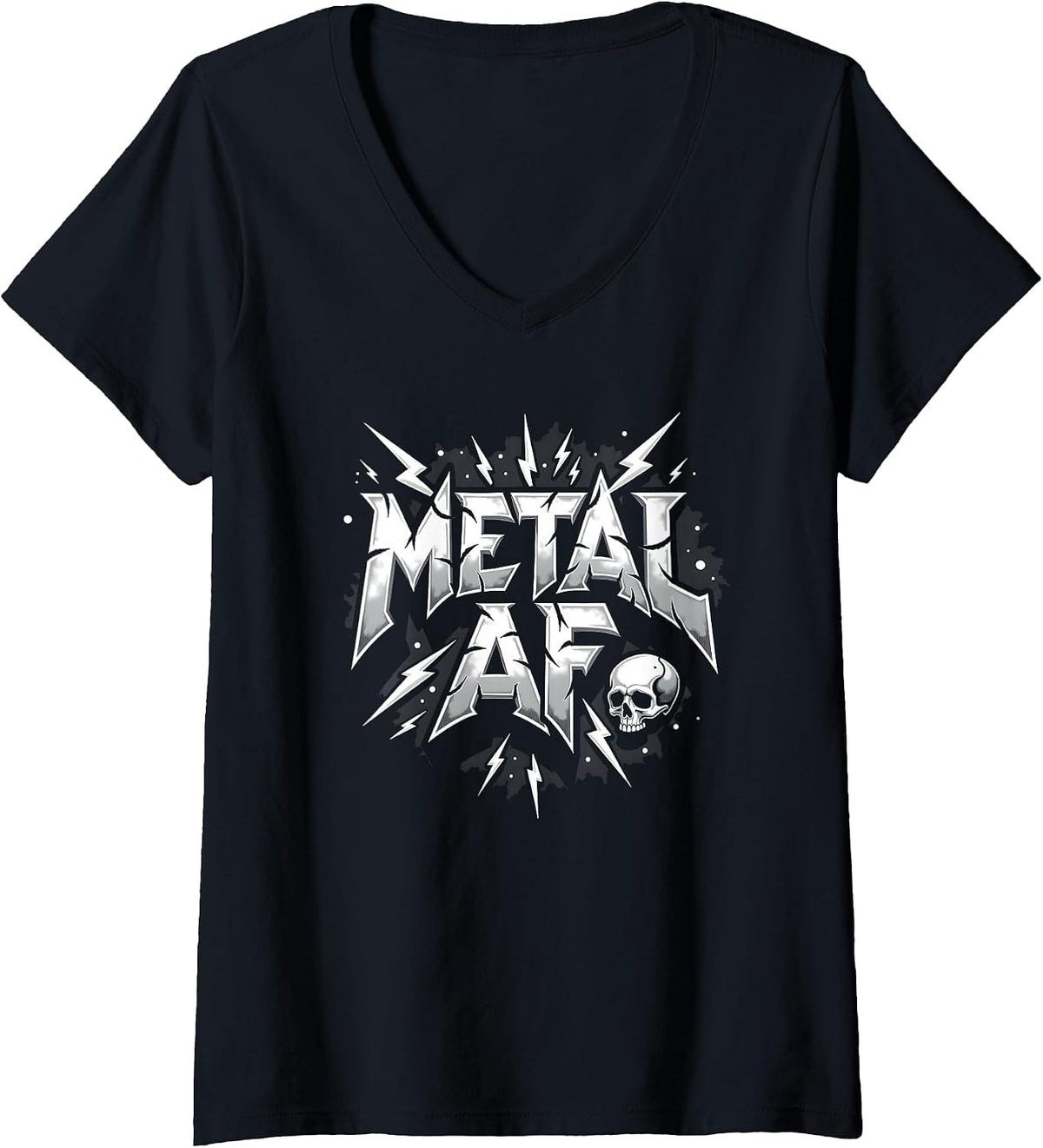 Women's Metal AF Heavy Metal Thunder Skull Rock Rockstar Fan V-Neck T-Shirt - Black