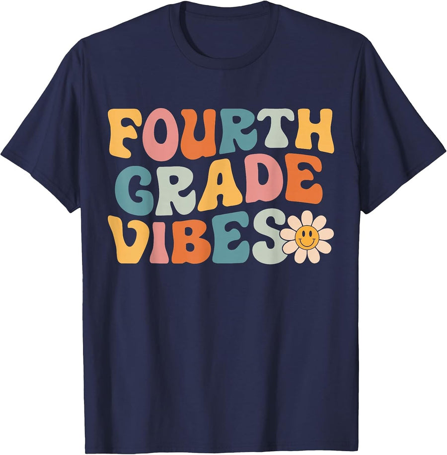 Fourth Grade Vibes - 4th Grade Team Retro 1st Day of School T-Shirt - Navy Blue