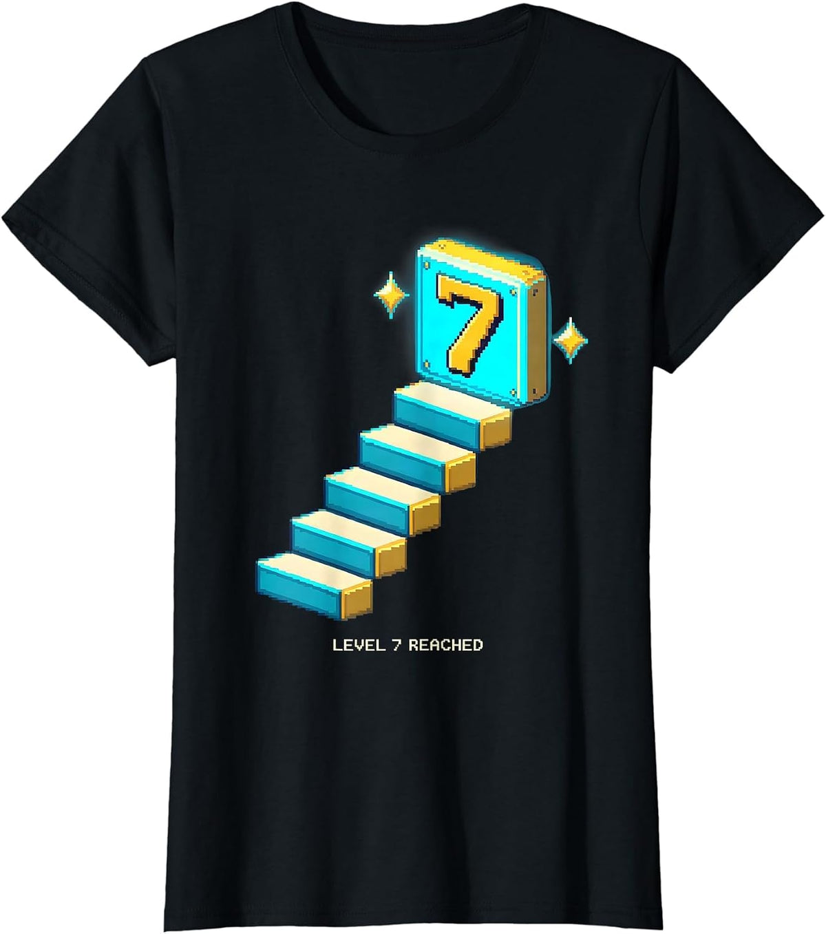 Level 7 Reached Pixel Art 7th Birthday Kids Gaming T-Shirt - Black