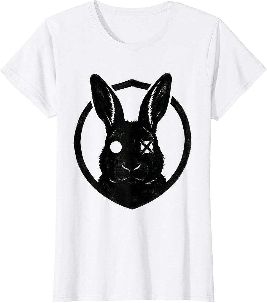 Women's Circular Shield Stencil Bunny Alt Goth Horror Aesthetic T-Shirt - White
