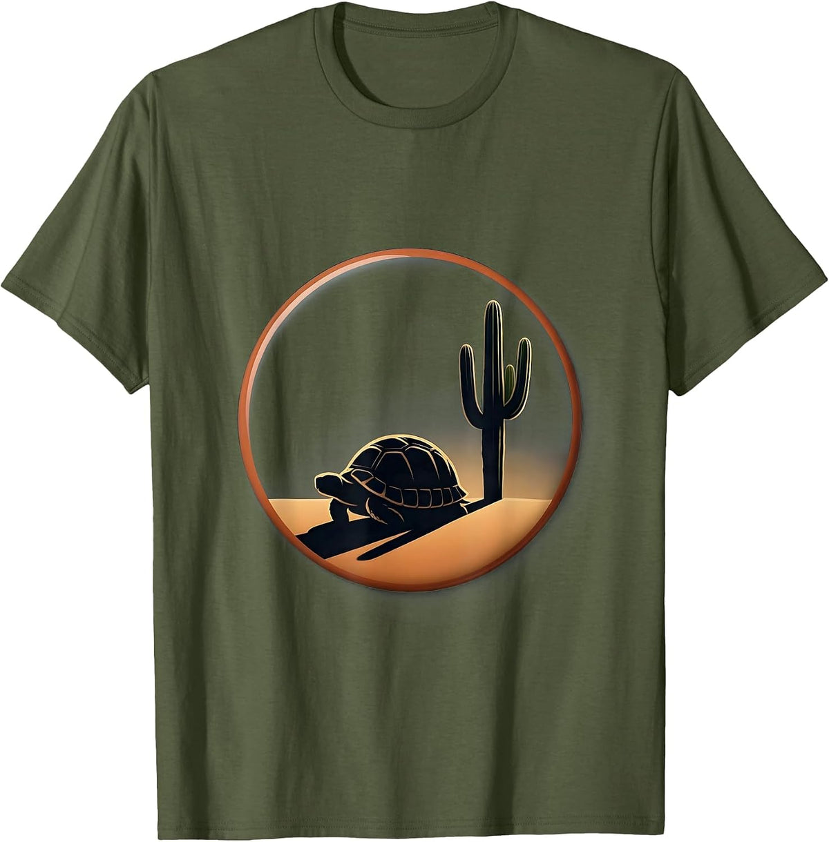 Tortoise Napping Under a Cactus Illustration T-Shirt - Olive Green