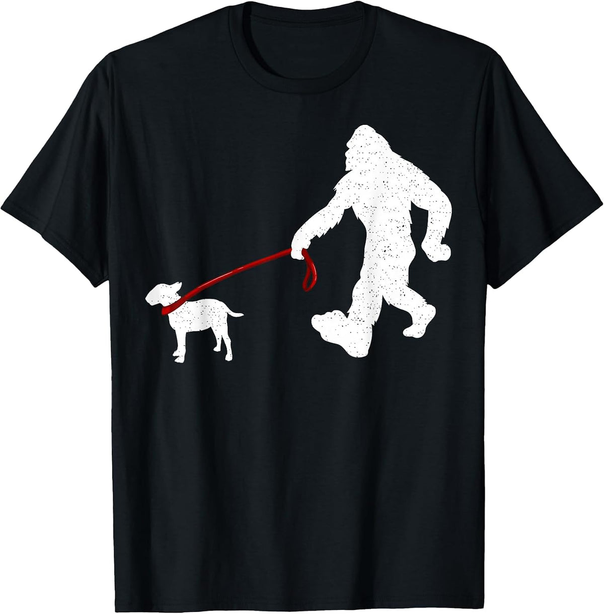 Funny Bigfoot Walking with Bull Terrier Dog T-Shirt - Black
