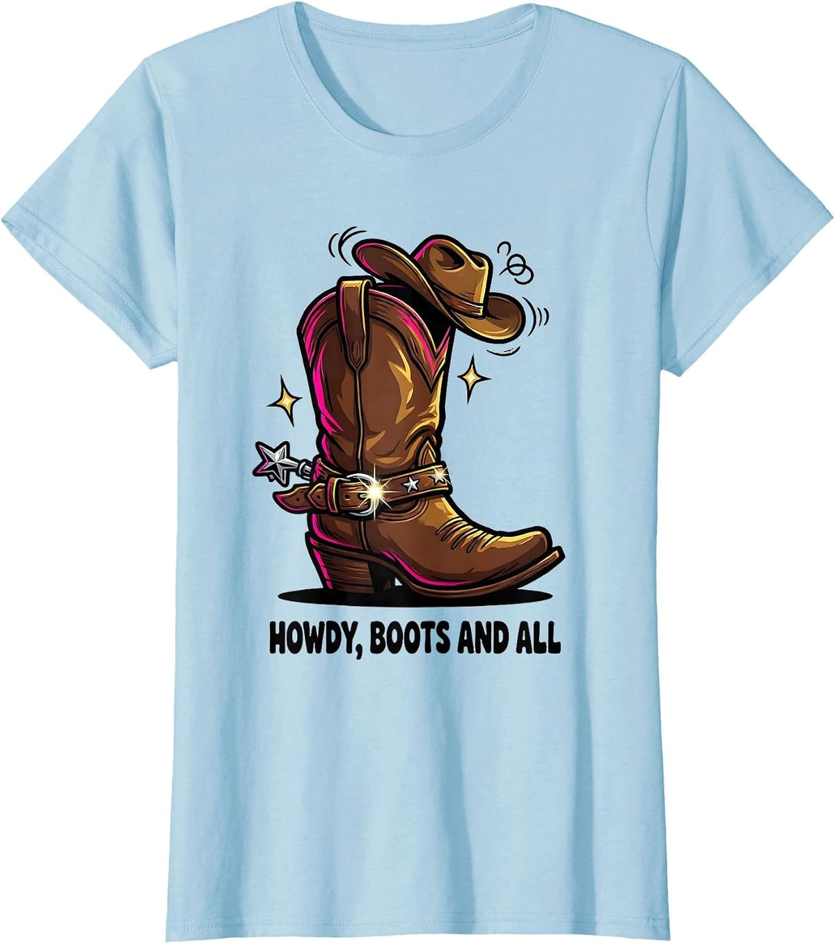 Howdy, Boots and All Cartoon Cowgirl Boot Western Pride T-Shirt - Baby Blue