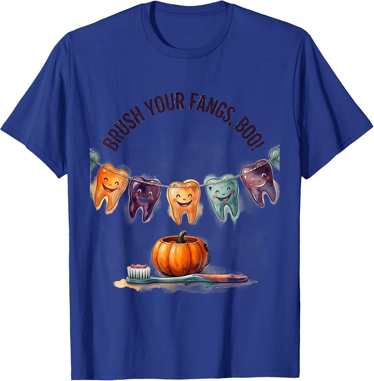 Brush Your Fangs, Boo! Watercolor Dental Humor Halloween T-Shirt - Royal Blue