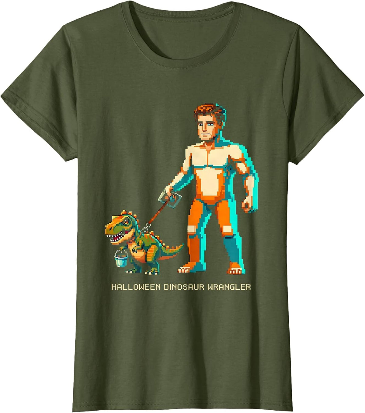 Women's Halloween Dinosaur Wrangler Funny Costume Pixel Art Family T-Shirt - Olive Green
