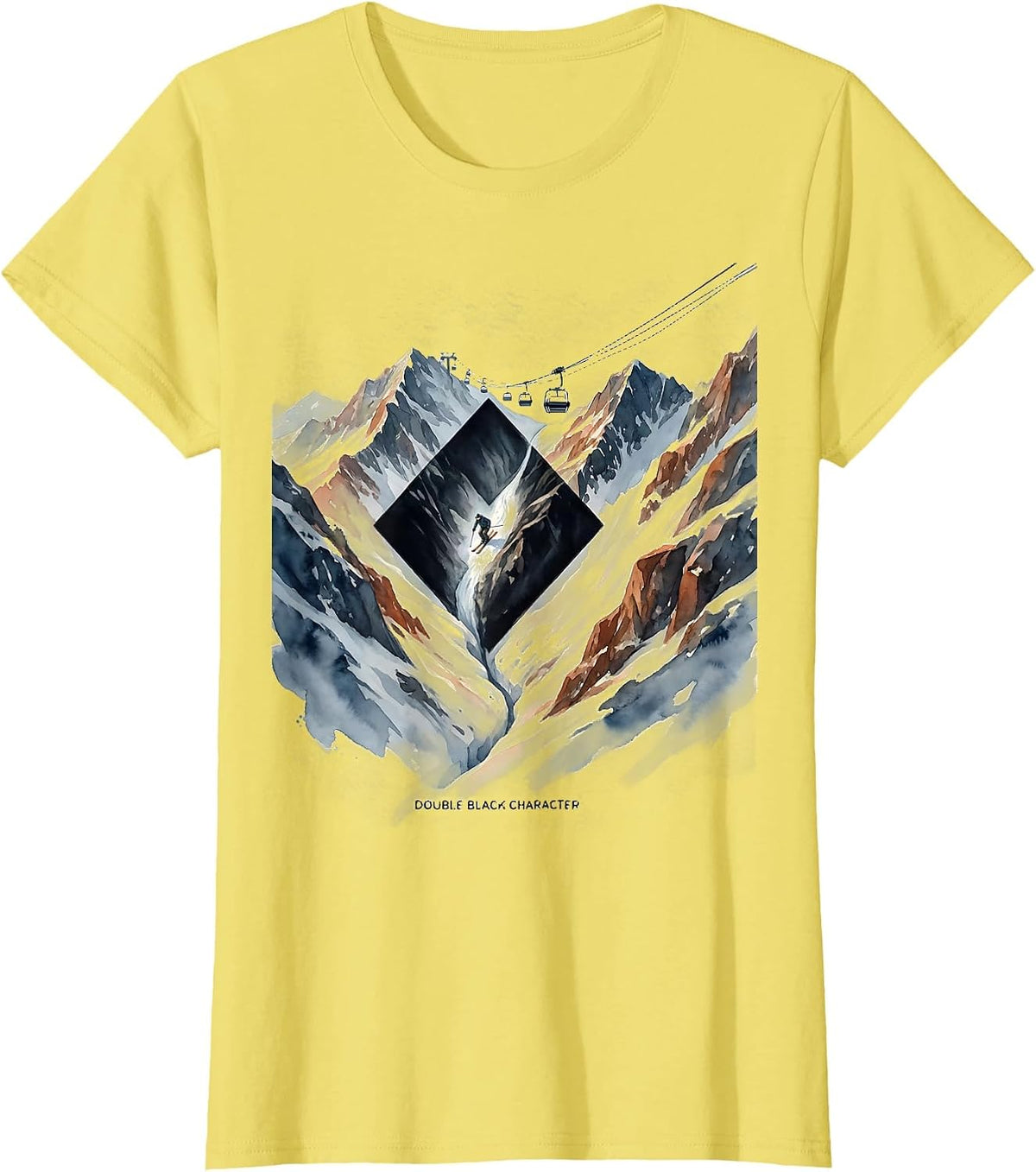Women's Double Black Character Funny Ski Snowboarder Winter Sports T-Shirt - Lemon Yellow