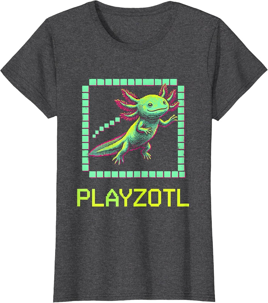 Women's Playzotl Pixel Art Kawaii Axolotl Gamer Kids Gift T-Shirt - Dark Heather Grey