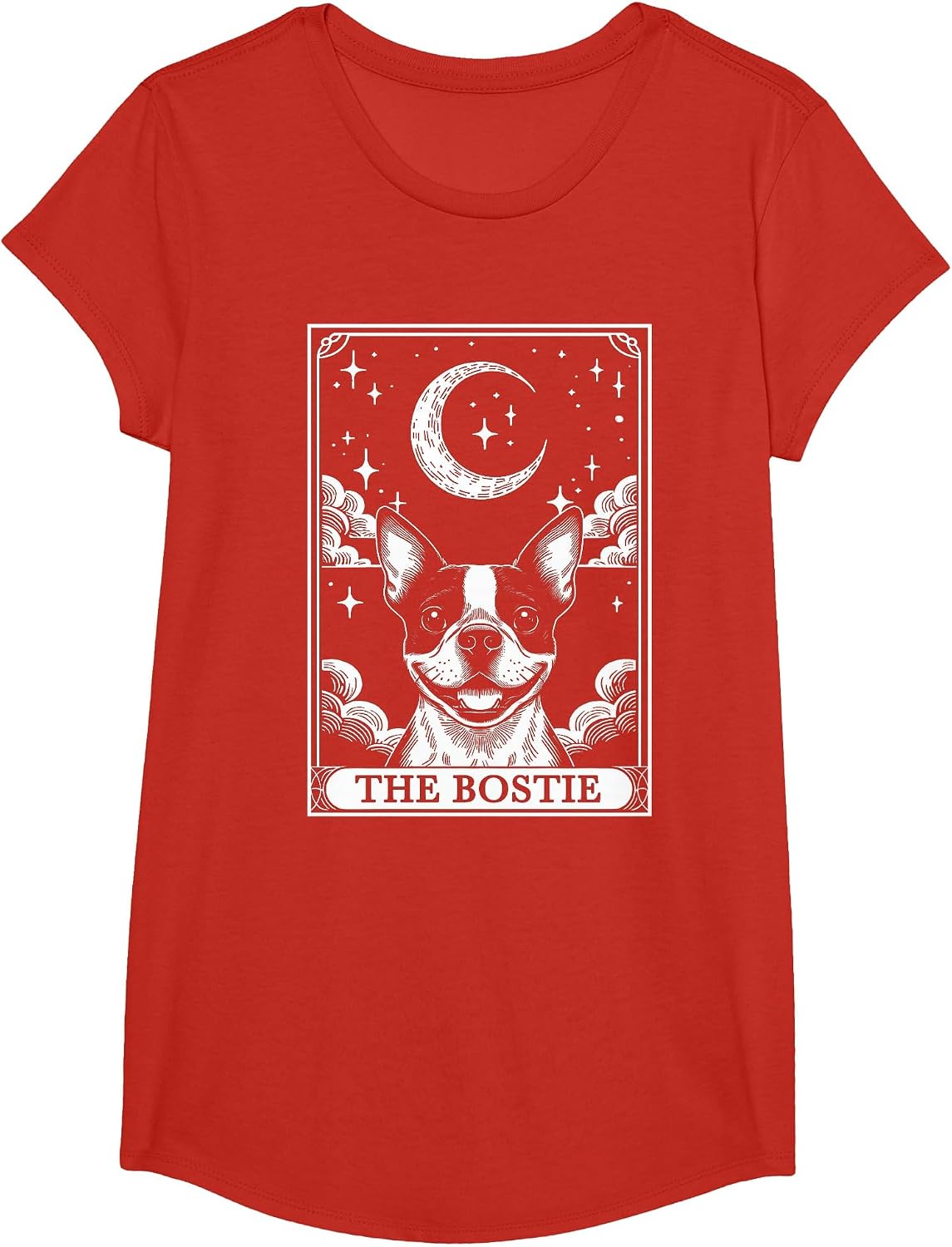 Tarot Card Vintage Crescent Moon Boston Terrier Dog Mom T-Shirt - Girls Red