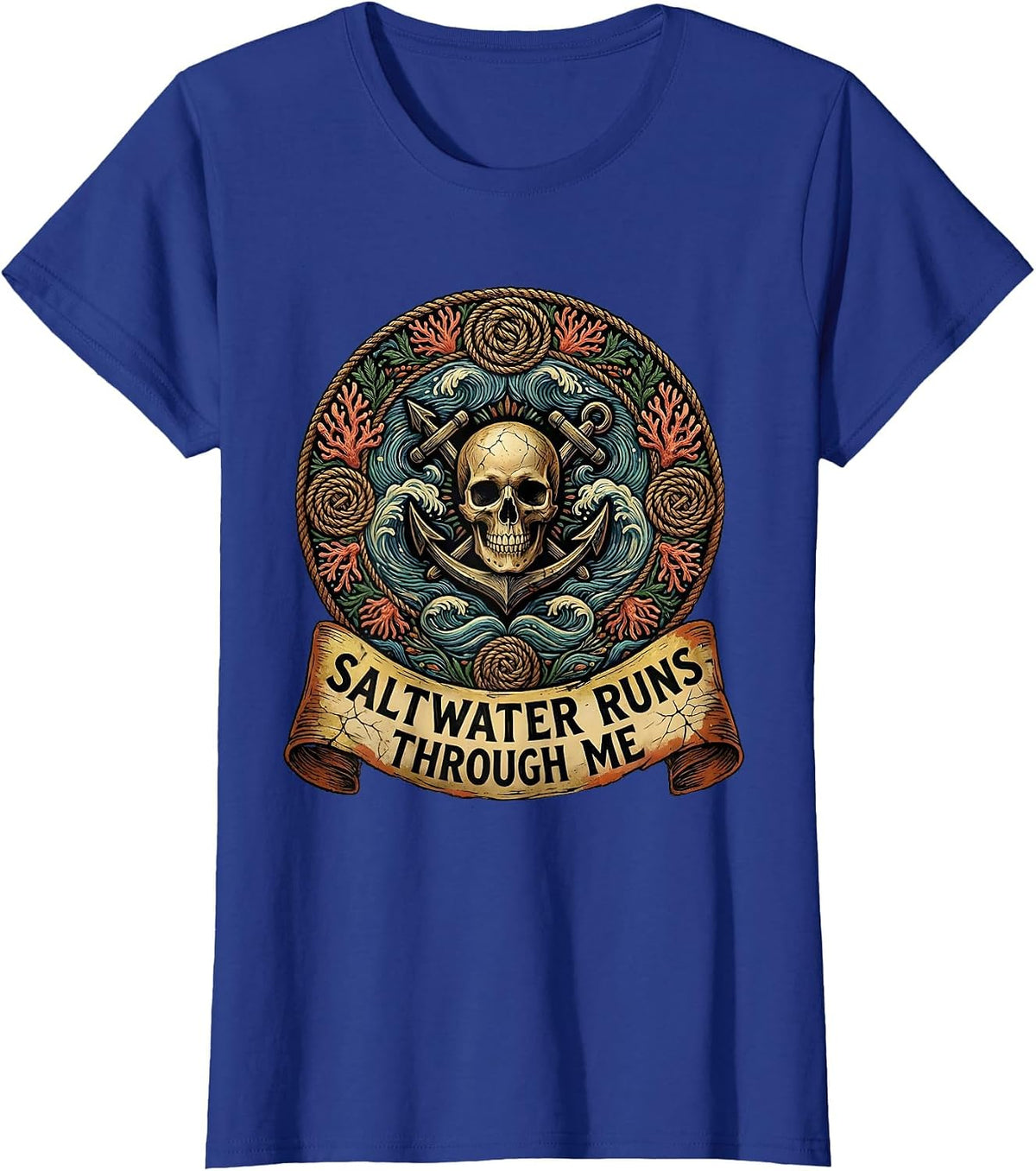 Women's Saltwater Runs Through Me Pirate Design T-Shirt - Royal Blue