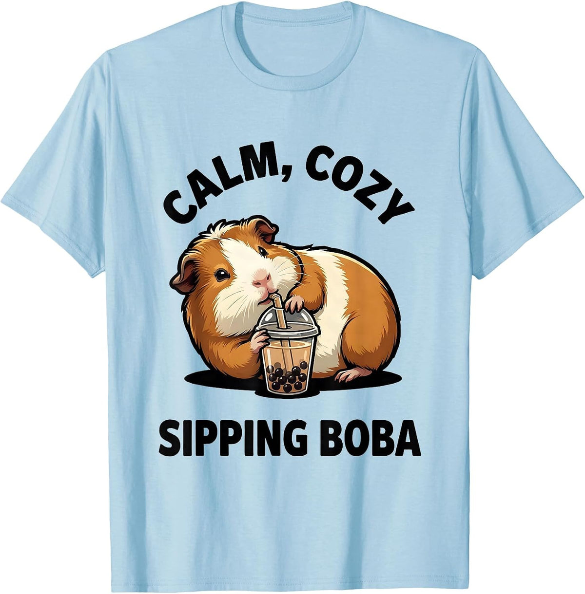 Men's Calm Cozy Sipping Boba Cute Kawaii Guinea Pig Anime Girl T-Shirt - Baby Blue